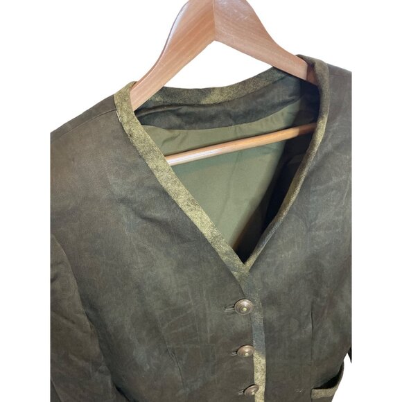 Hand Sewn Mossy Green V Neck Tunic Style Blazer with Decorative Buttons Sz 12 - Picture 5 of 10